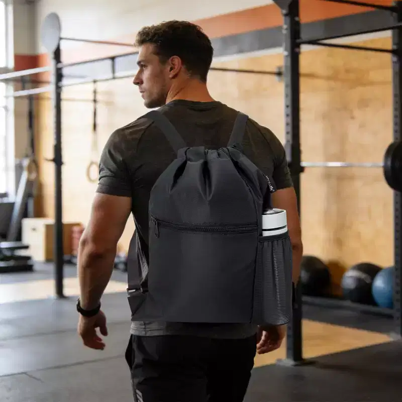 Narwey Men & Women Outdoor Sport Gym Sack Waterproof Drawstring Backpack Bag with Wide Straps -Black