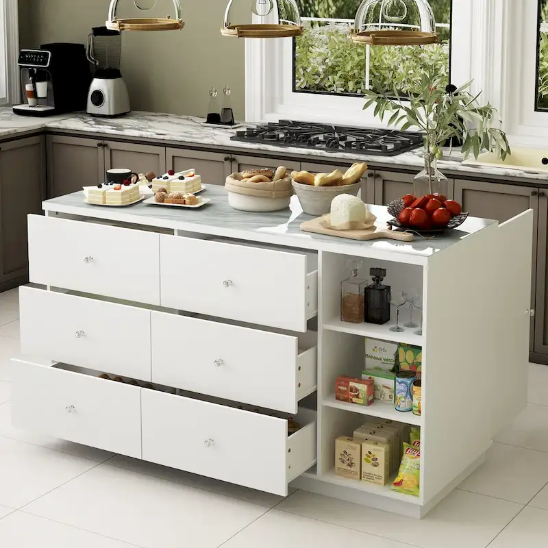 63W Kitchen Island White Storage Unit with Drawers and Cabinets - 63