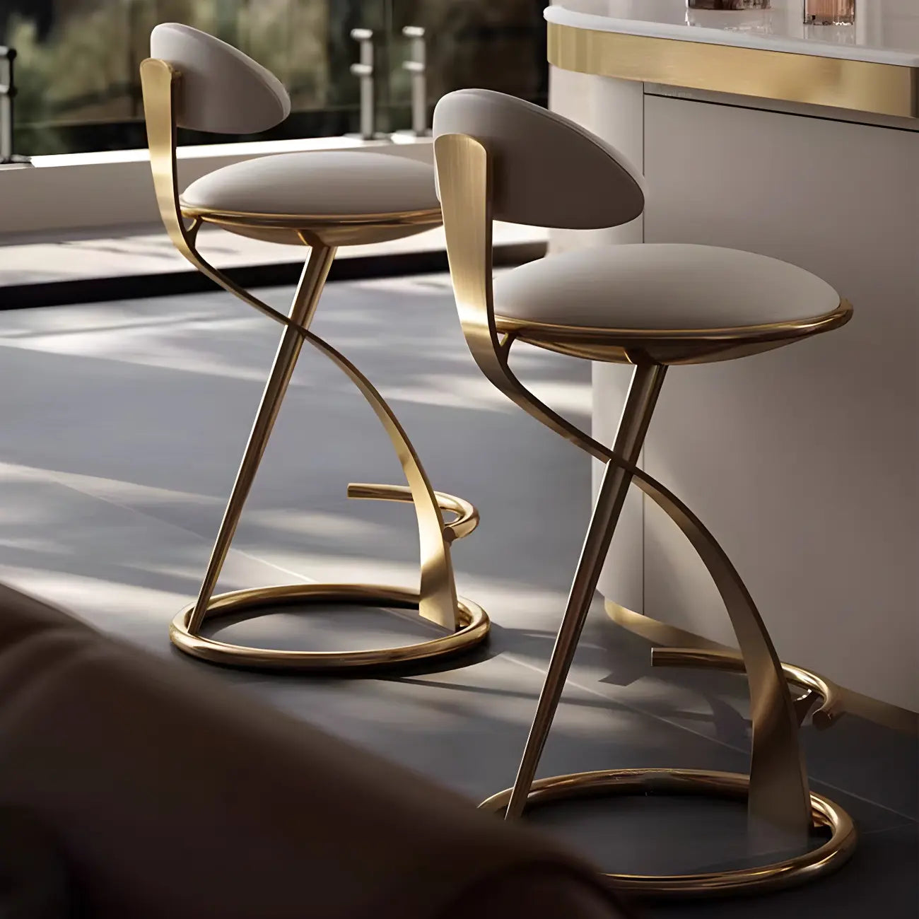 Luxury Gold Metal Frame Sleek Beige Leather Bar Stool