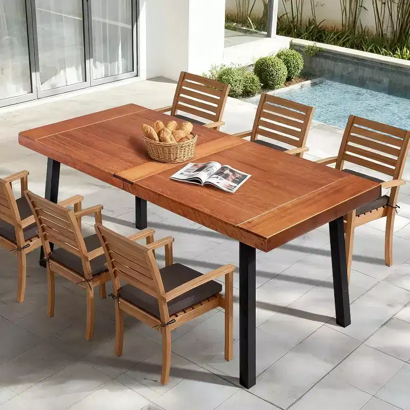 VINGLI 6-Person Indoor Outdoor Wood Dining Table, Natural Wood Tabletop with Powder-Coated Steel Legs, 350lb Capacity, 69 L x 32 W x 30 H