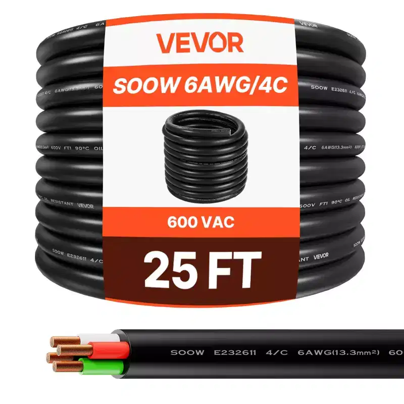 VEVOR 25 FT 6AWG Portable Power Cable (4 Conductor), Heavy Duty 600V SOOW Electrical Power Cable, Industrial Grade Electric Wire, Black