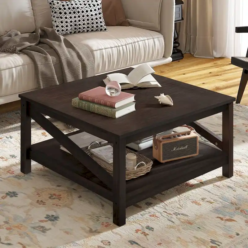 Moasis 2-Tier Square Coffee Tables with Shelf Center Table for Living Room