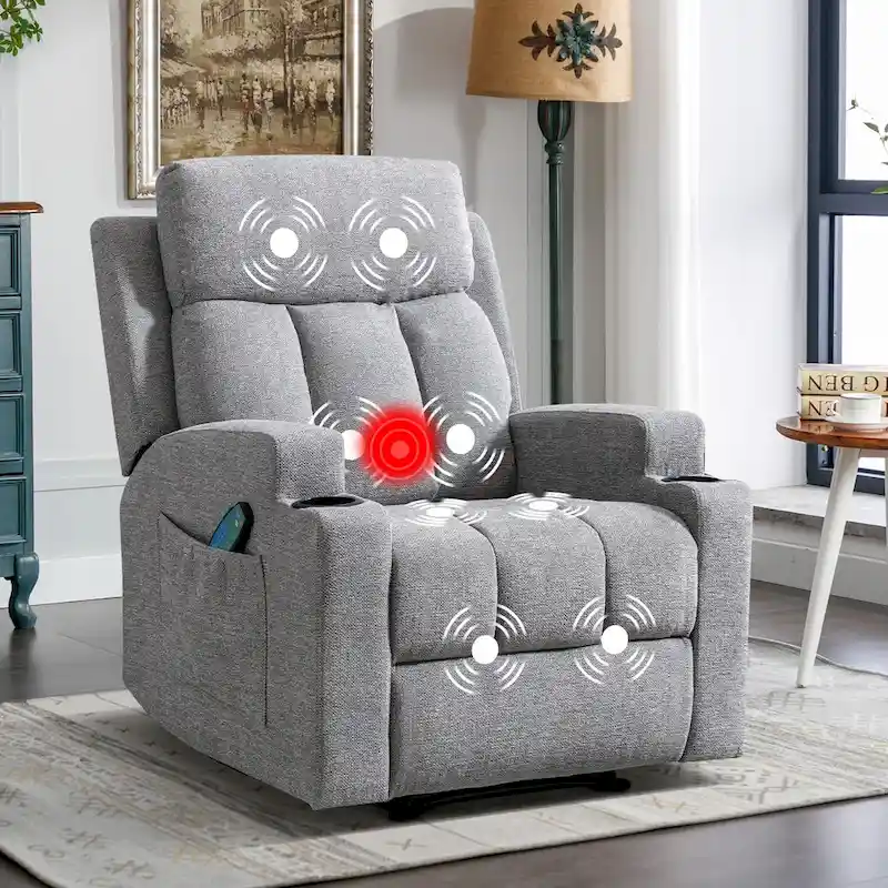 Manual Recliner Massage and Heating Chair Sofa with 2 Cup Holders Breathable Fabric