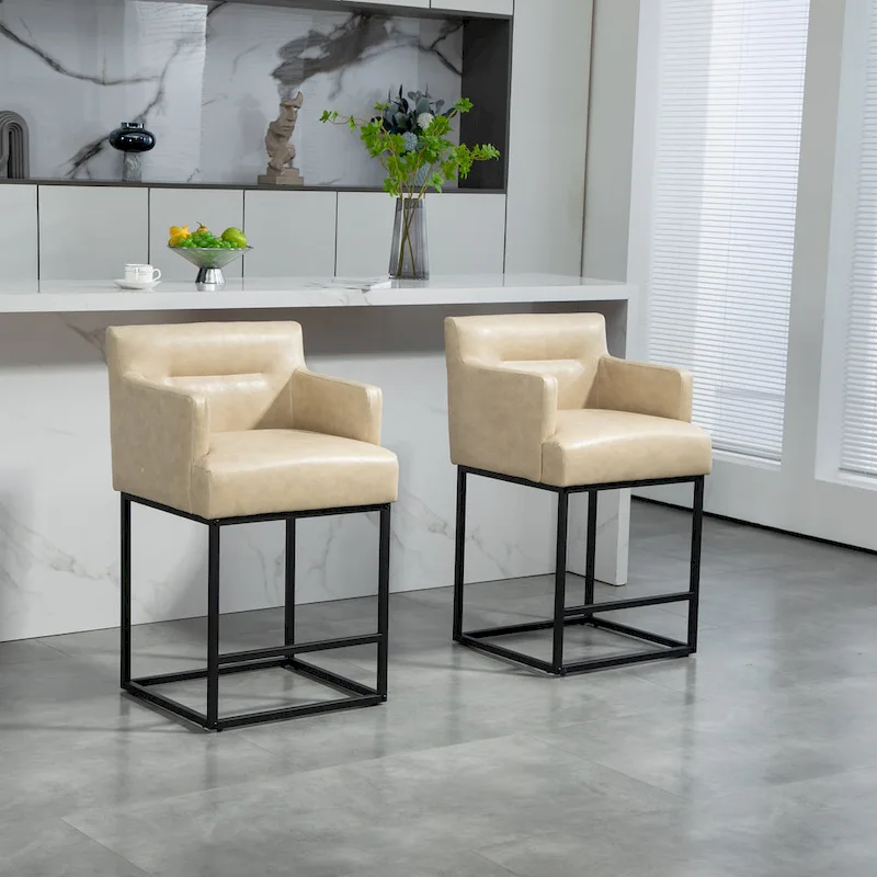 Modern Chenille/Leather Upholstered Bar Stools with Metal Frames and Solid Back (set of 2)