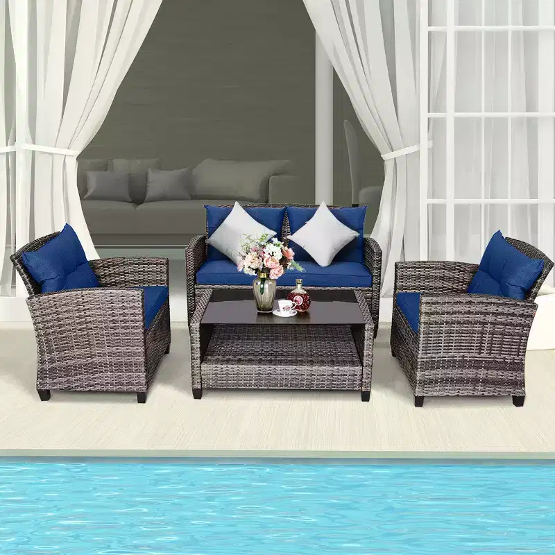Costway 4 PCS/8PCS Patio Rattan Furniture Set Coffee Table Cushioned Sofa Garden Lawn Navy