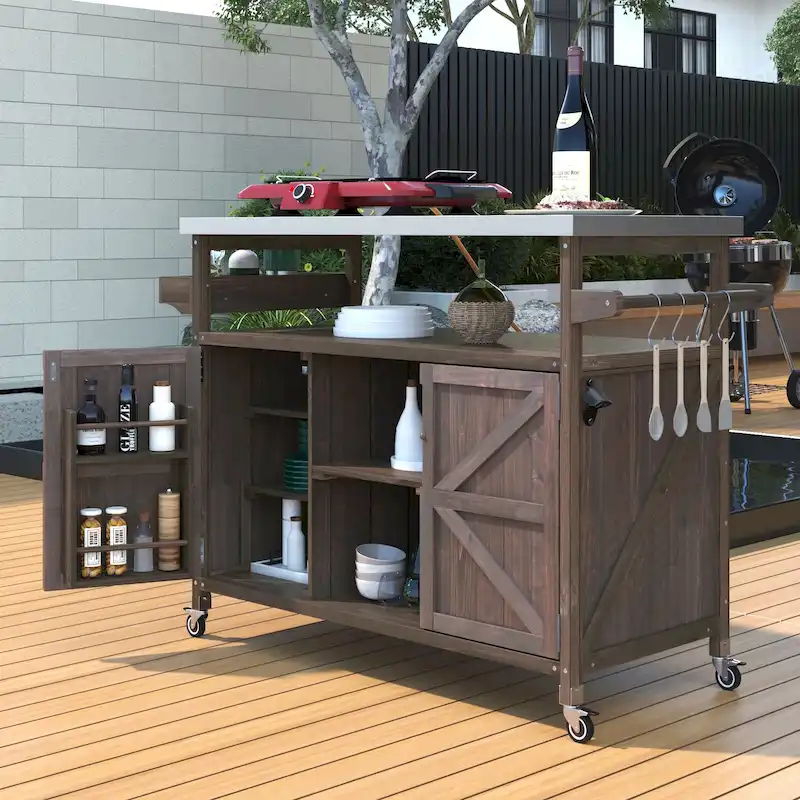 Outdoor Kitchen Island, Rolling Bar Cart & Storage Cabinet, Farmhouse Outdoor Grill Table with Stainless Steel Top & Towel Rack