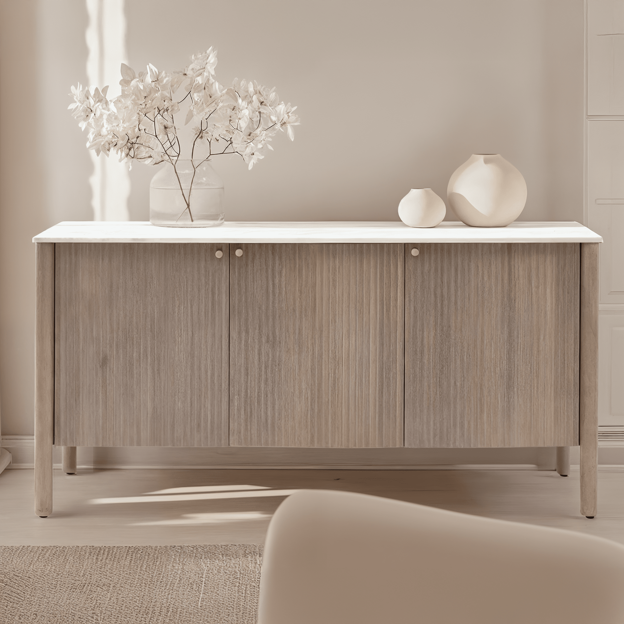 Mango Wood Ribbed 3 Door Sideboard with Marble Top