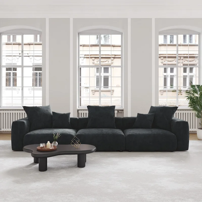 Black Corduroy Sectional Sofa Customized Sofa Couch with pillows.