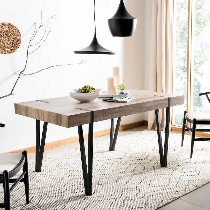 Mid-Century Rustic Wood Top Dining Table with Black Hairpin Iron Legs Grey Oak