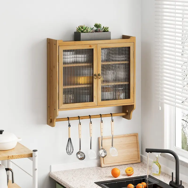 24.8Glass Door Vintage Double Door Wall Cabinet With Three Tiers of Storage With Towel Rack,Original Wood Color
