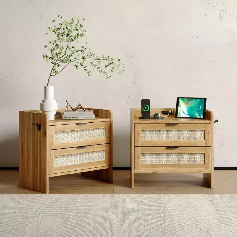 Rattan Nightstands Set of 2, Modern Bedside Tables with Charging Station and 2 Large Storage Drawers for Bedroom, Living Room