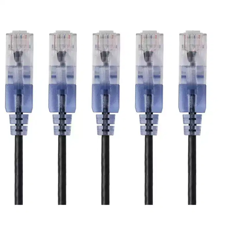 Monoprice SlimRun Cat6A Ethernet Patch Cable - Network Internet Cord - RJ45, Stranded, UTP, Pure Bare Copper Wire, 30AWG, 2ft, Black, 5-Pack