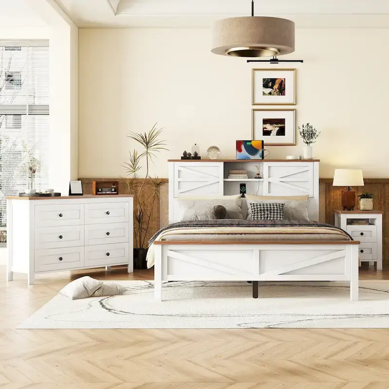 3-Pieces Bedroom Sets Farmhouse Platform Bed with Nightstand and Dresser