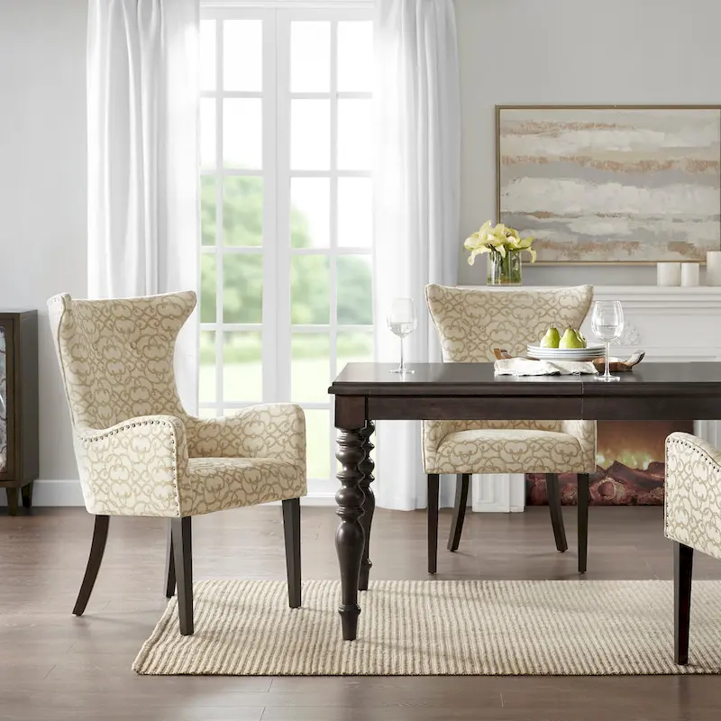 Tan Upholstered Dining Arm Chair, Set of 2