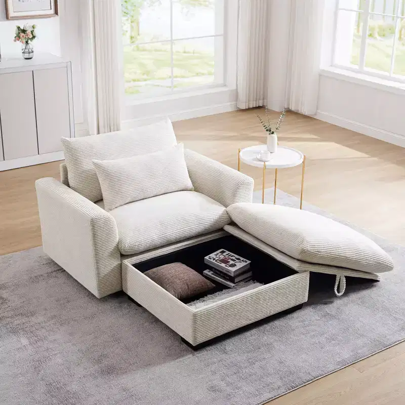 Modular Storage Sofa: Beige Corduroy Deep Seat Couch for Modern Living