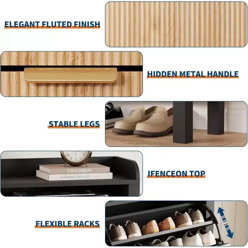Black & Natural Oak Fluted Slim Shoe Cabinet with 4 Flip Drawers, Holds 24–32 Pairs