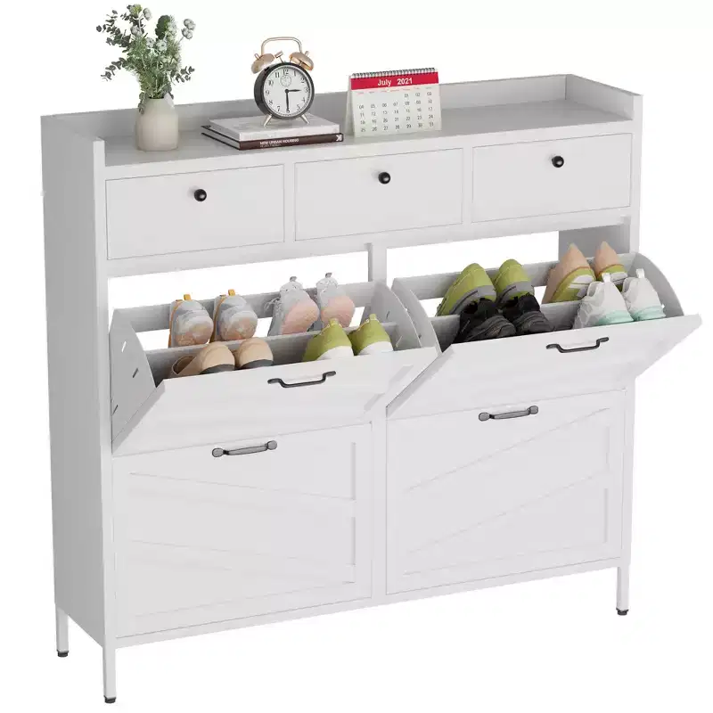 VIYET 43 Slim Metal Shoe Cabinet, White Steel Organizer w/ 4 Flip & 3 Drawers (Anti-Tip Hidden Entryway Storage)