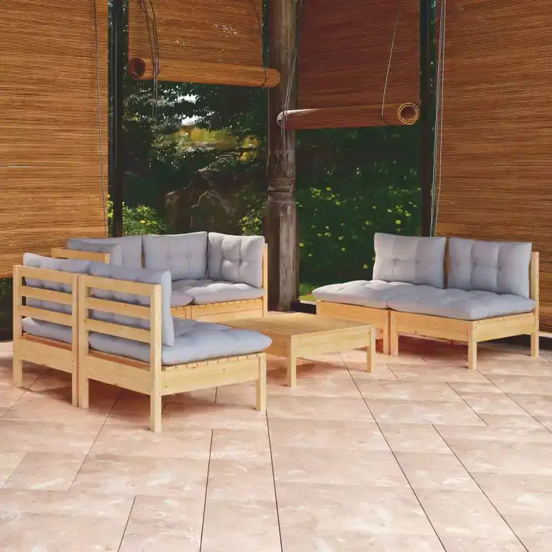 vidaXL Solid Pinewood Patio Lounge Set 7 Piece with Cushions - Brown and Gray