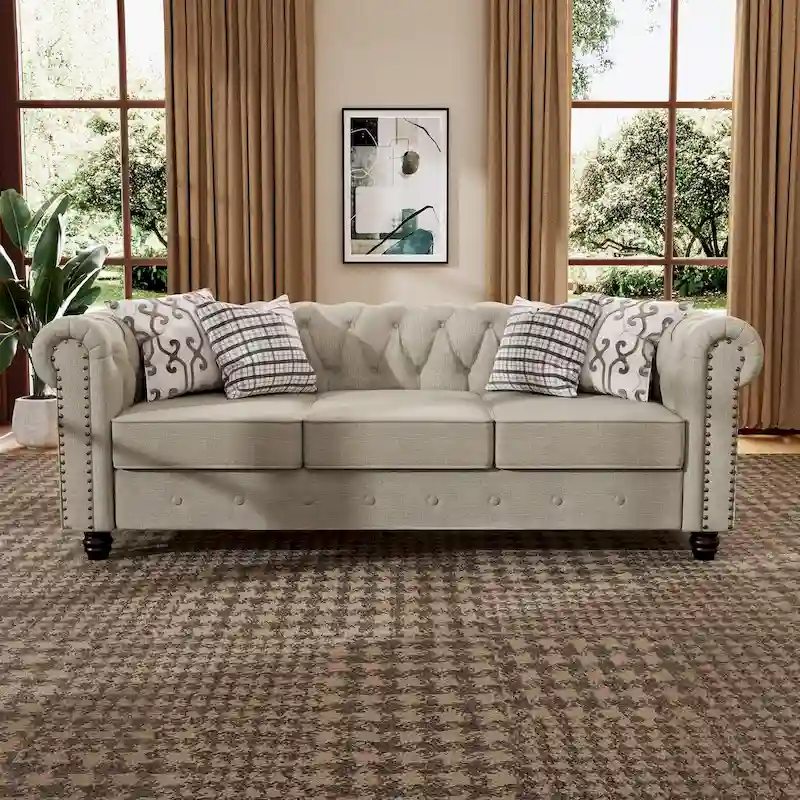 Morden Fort Linen Chesterfield Sofa with Button Tufted, Nailhead and Solid Wood Legs for Living Room