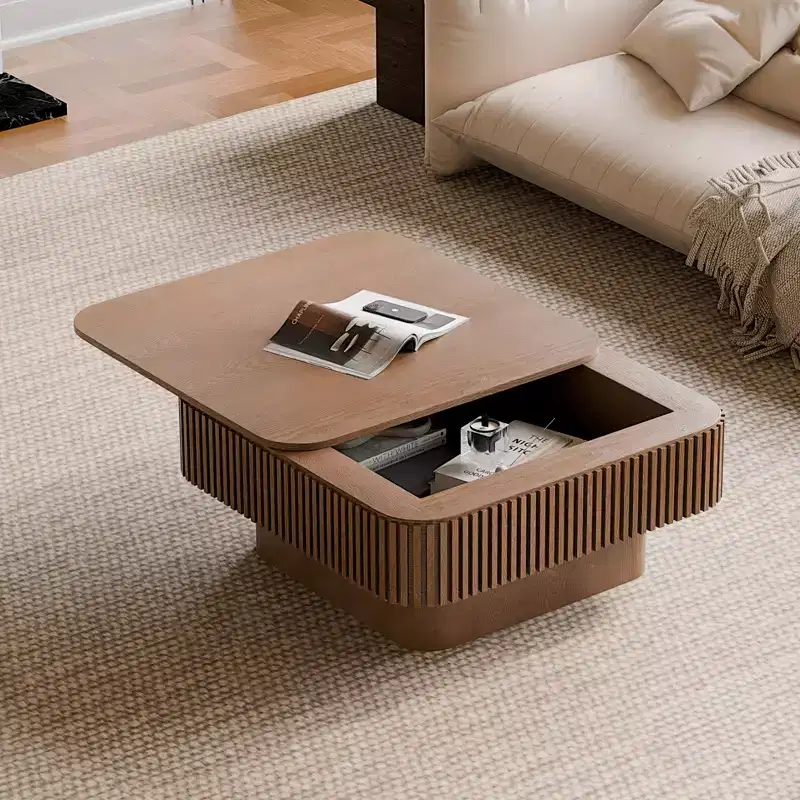JVNOXK 31.5-inch Square Storage Coffee Table Solid Wood Veneer Modern Style Coffee Table Suitable for Living Rooms and Bedrooms Walnut
