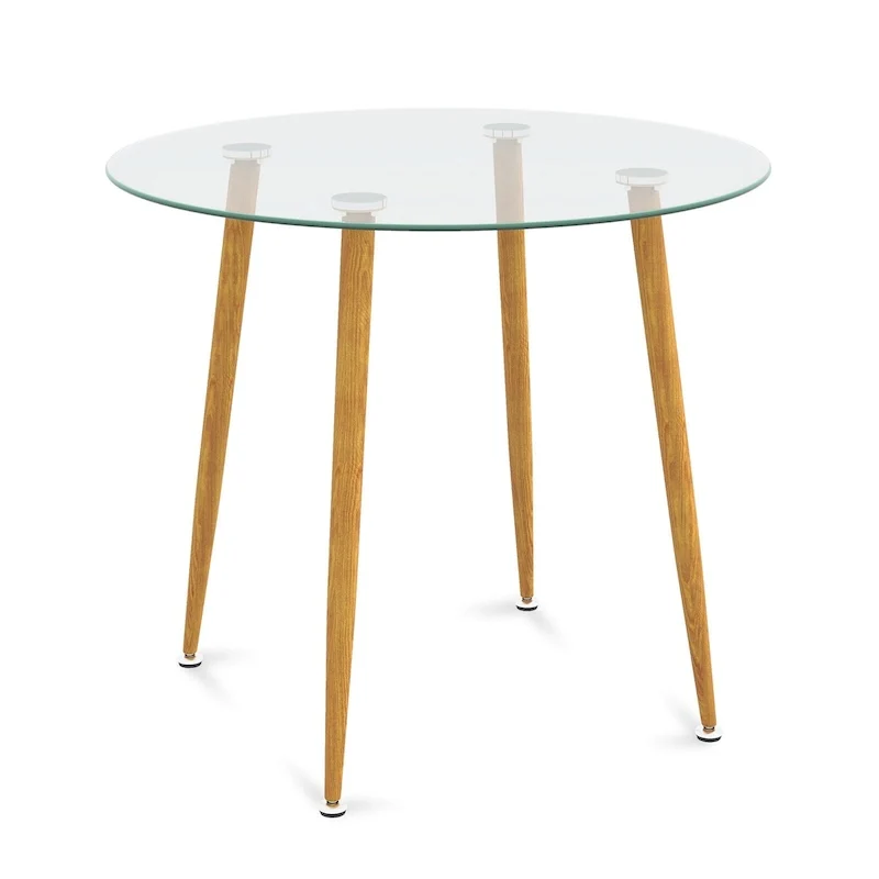 Gymax Leisure Coffee Table Round Glass Dining Table w/ Metal Legs