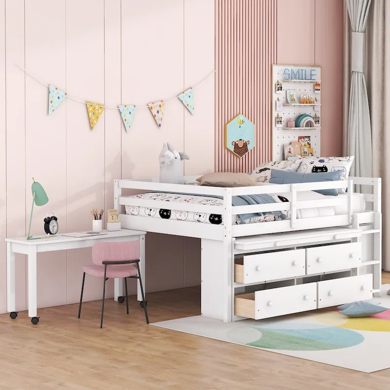 White Full Size Solid Wood Loft Bed with Retractable Desk, Drawers and Shelves
