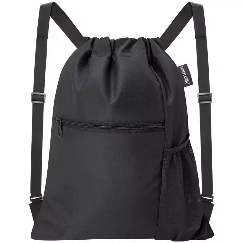Narwey Men & Women Outdoor Sport Gym Sack Waterproof Drawstring Backpack Bag with Wide Straps -Black