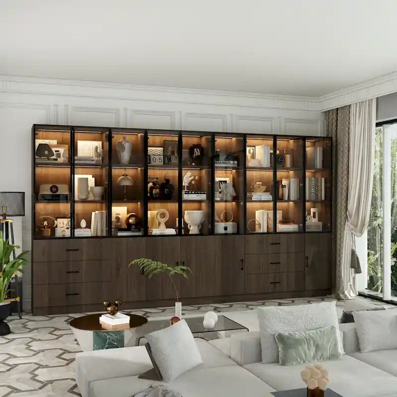 Aluminum and Glass Lighted Cabinet Customizable for Buffet/Bookshelf