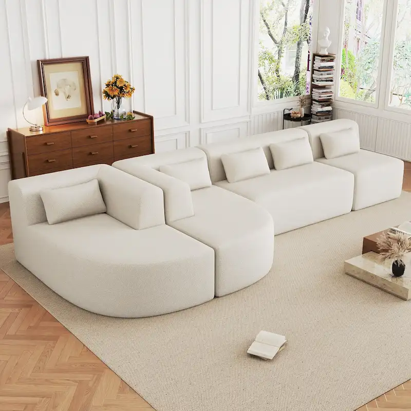 Upholstered Modular Sofa with 2 Curved Chaise Lounges and 5 Back Pillows, Free-Combination Sofa Couch for Living Room