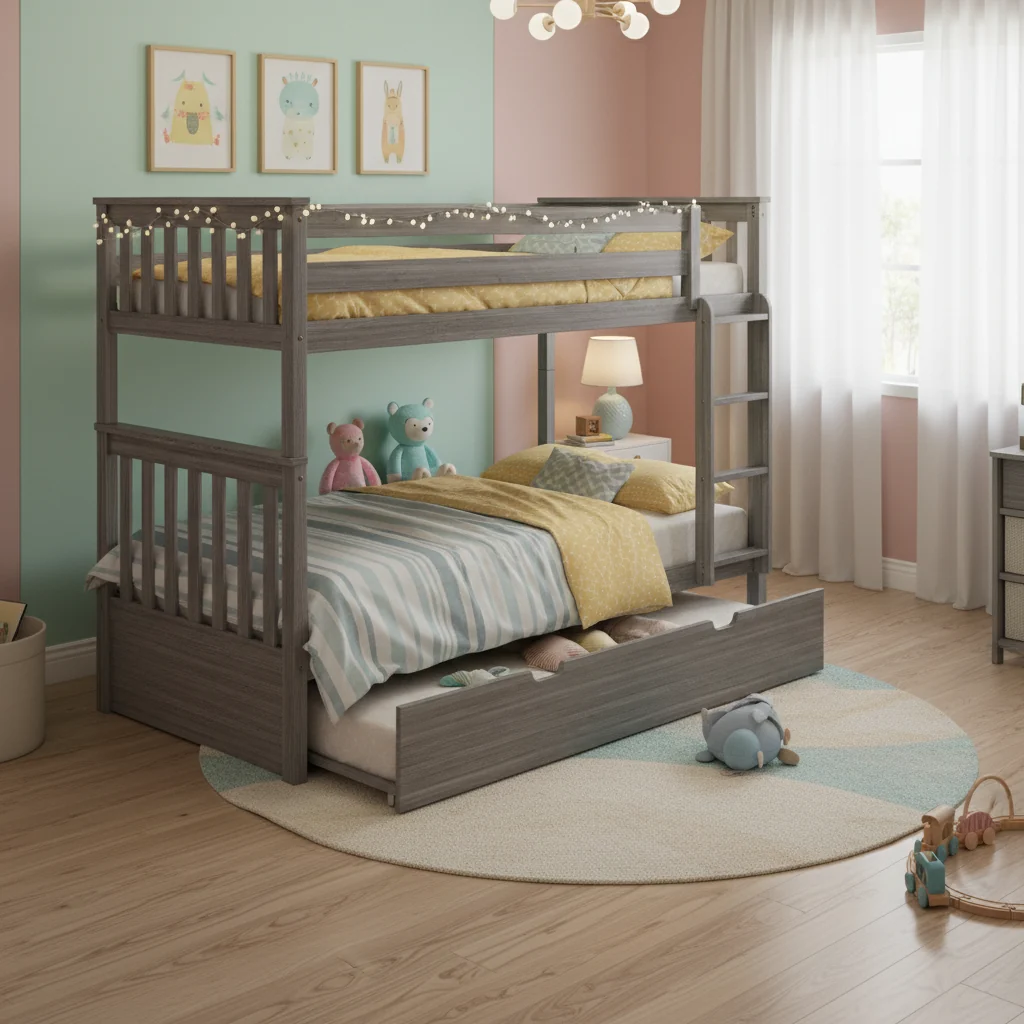 Twin-Over-Twin Bunk Bed with End Ladder & Trundle | Solid Wood | Kids Bedroom