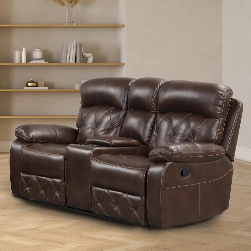 Owen Brown Breathable Leather Manual Reclining Loveseat with Storage Console