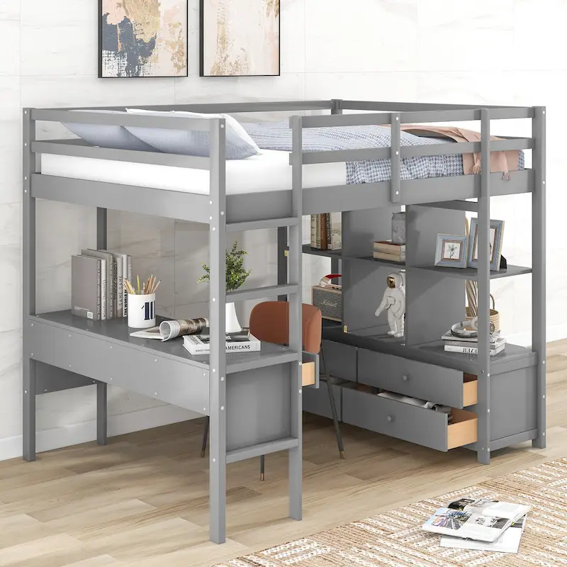 Pine Wood Loft Bed with Built-in Desk, Two Drawers and Storage Shelves
