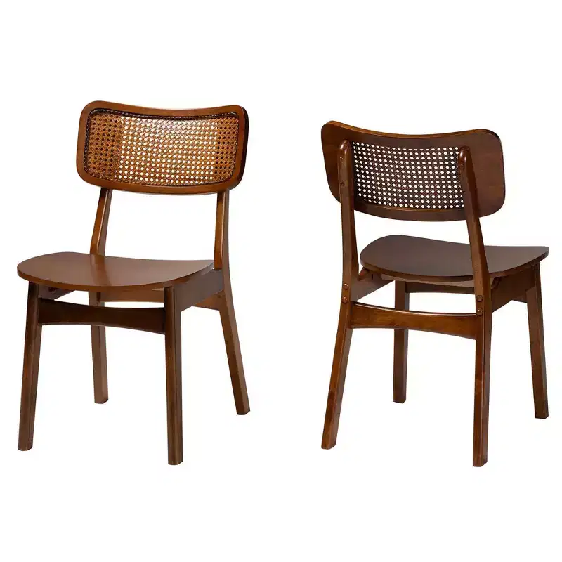 Baxton Studio 2pc Tafari Wood and Rattan Dining Chair Set Walnut Brown/Light Brown: Rubberwood Frame, MDF, Spot Clean