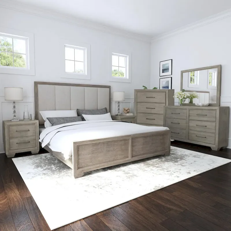 Roundhill Furniture Ennesley Gray Wood Bedroom Set with Upholstered Panel Bed, Dresser, Mirror, 2 Nightstand, and Chest