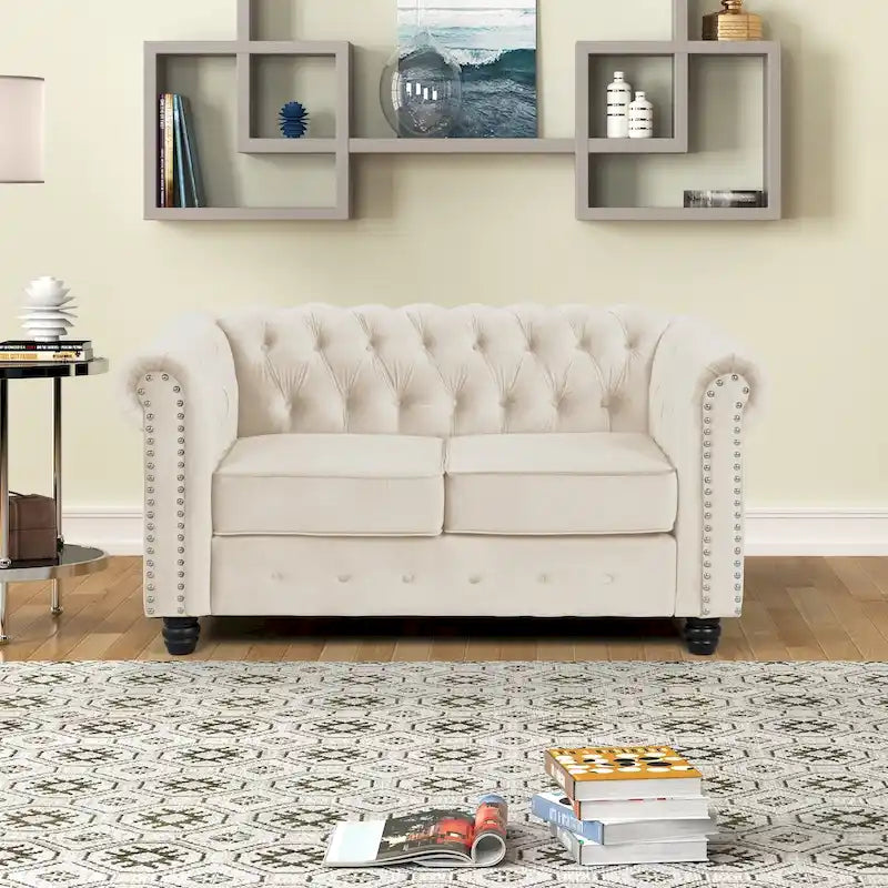 Morden Fort Velvet Chesterfield Loveseat with Button Tufted, Nailhead and Solid Legs for Living Room