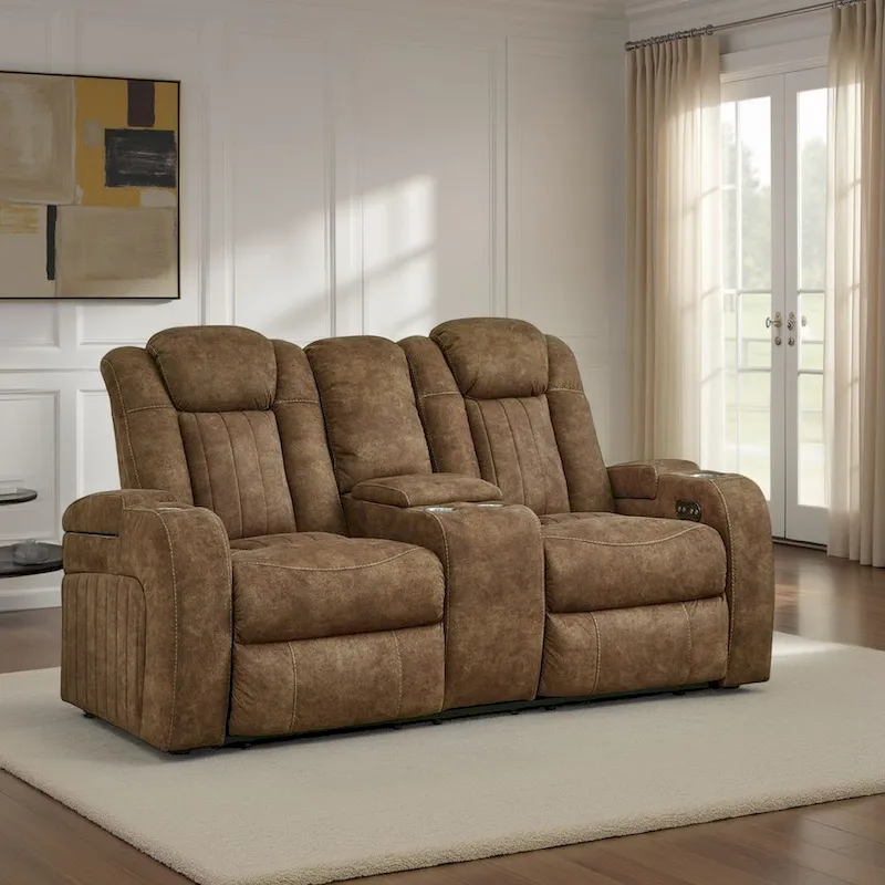 Zane Power Recliner Loveseat, Adjustable Headrest, Gray Faux Nubuck Suede