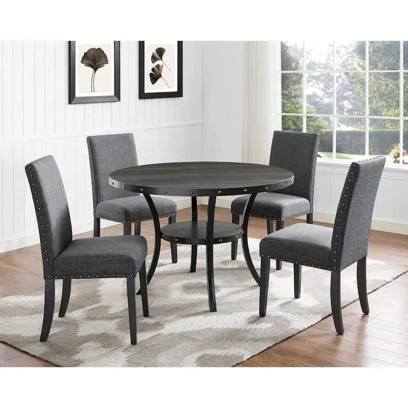 Mid-Century Modern Dining Table and Chair Sets Farmhouse Kitchen Dining Table Sets with Brass Nailheads and Metal Legs