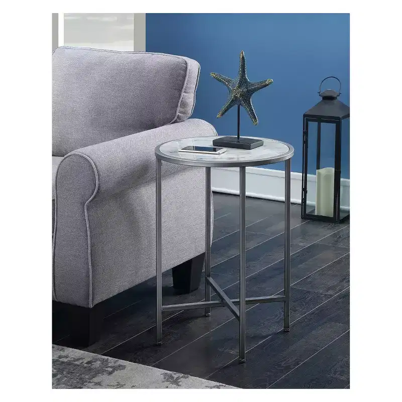 Gold Coast Faux Marble Round End Table �C Silver Metal Frame, 62,2 cm High