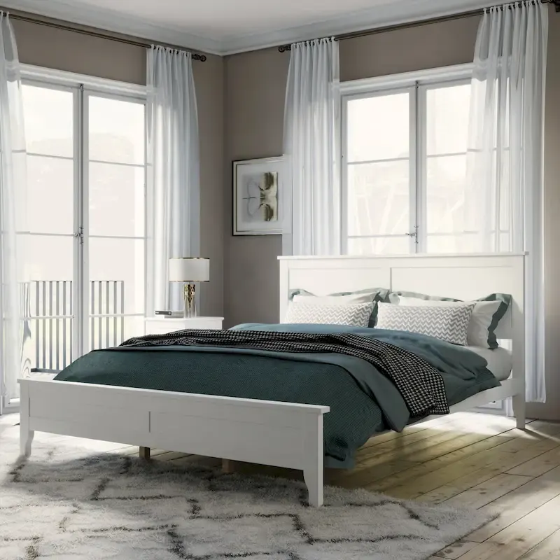 White Queen Size Solid Wood Platform Bed with Elegant Headboard