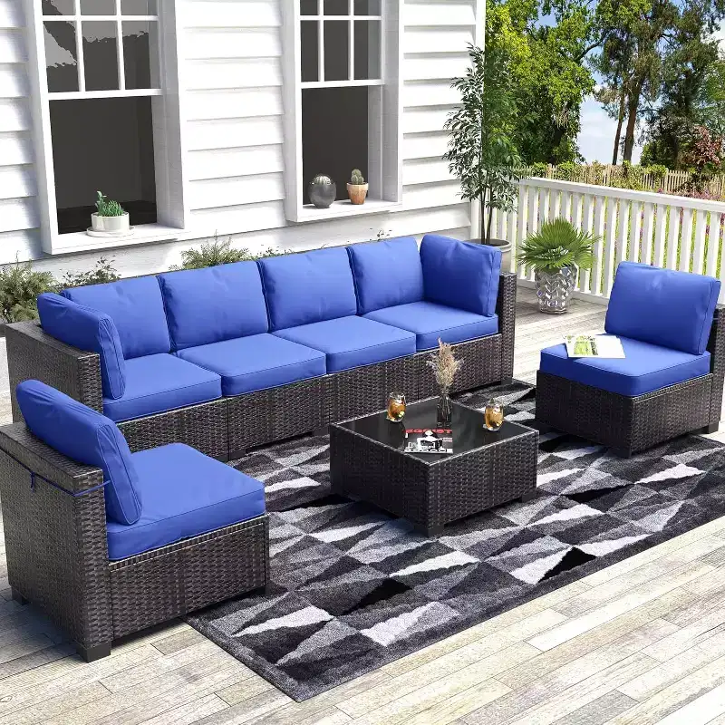 Patio Furniture Set 7 Pieces Outdoor Rattan with Detachable Soft Cushions Patio Conversation Sets Waterproof Patio Sectional Sofa with Glass Top Table