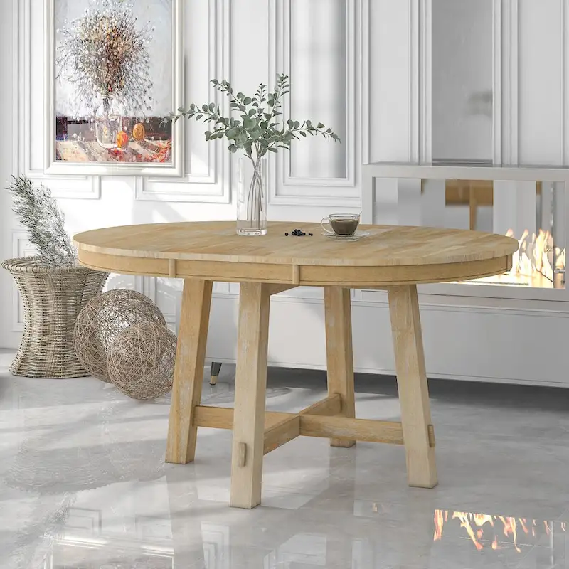 Farmhouse Round Extendable Dining Table with 16 Leaf Wood Kitchen Table