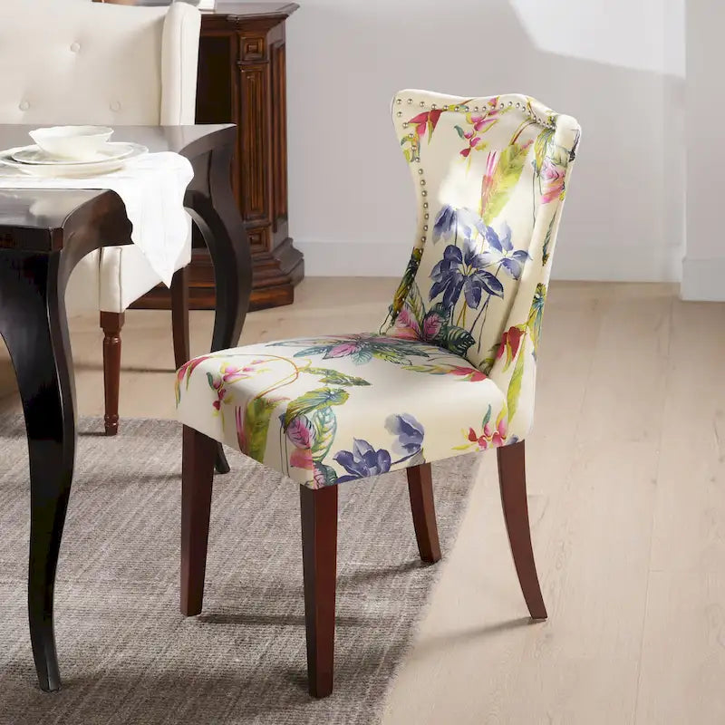 Armless Upholstered Dining Chair – Off-White Floral / Gold Floral / Moss Green / Jet Black / Brown Floral / Midnight Blue, Curved Back, Nailhead Trim, Seats 1