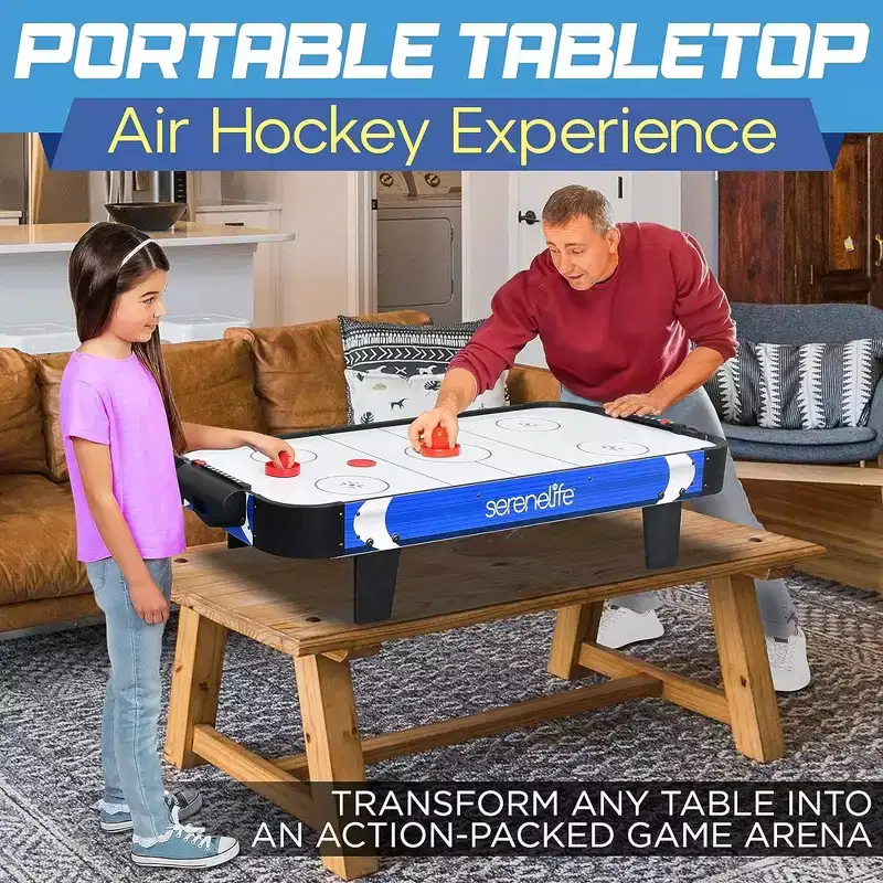 SereneLife 40 Air Hockey Table - Indoor Game Table with Pucks & Pushers, Built-in Score Tracker, Blue/Black (SKARHDT21)