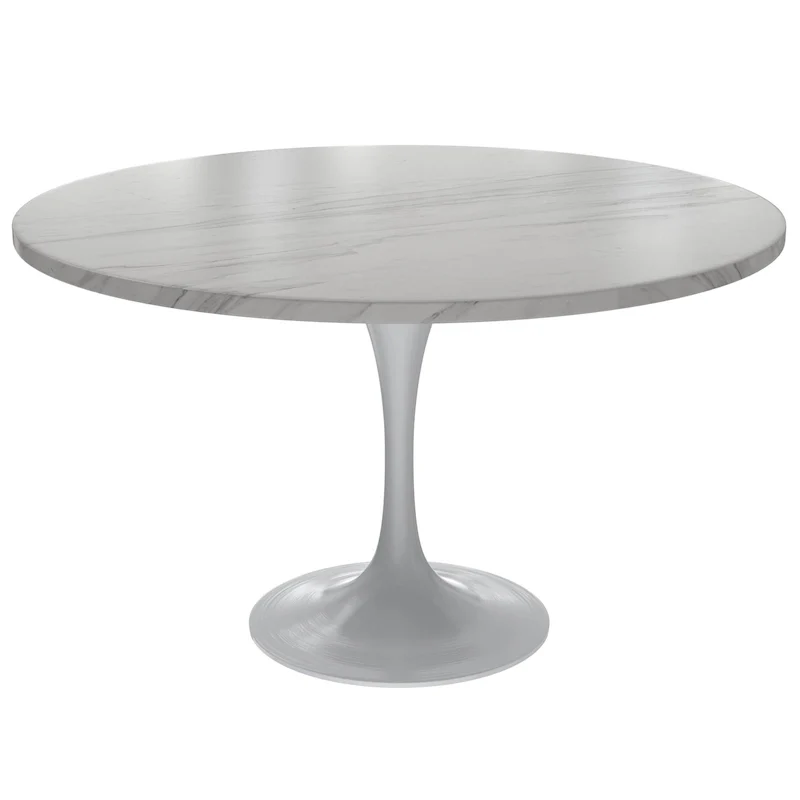 LeisureMod Verve 48  Round Dining Table with Stone TableTop and White Steel Base for Kitchen & Dining Room