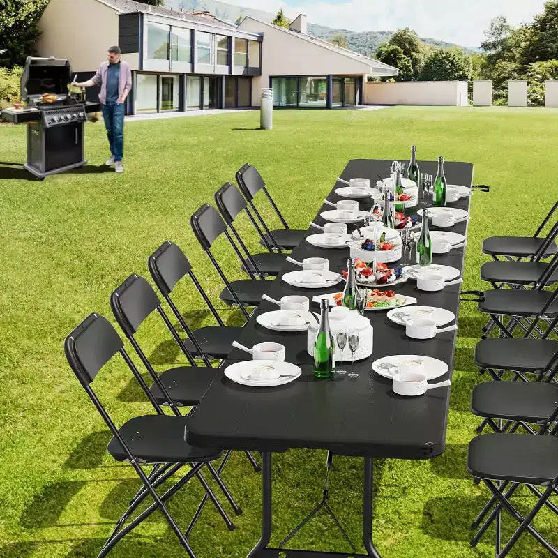 8 Foot Plastic Folding Table Portable Long Table for Indoor Outdoor Use Rectangular with Carrying Handle, Black