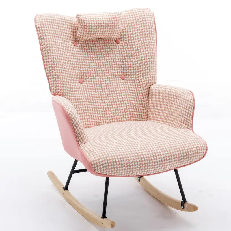 Houndstooth Wingback Rocking Chair with Head Pillow and Side Storage Bag, Pink