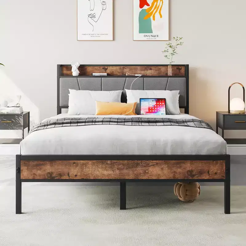 Heavy Duty Metal Upholstered Platform Bed Frame, Storage Headboard with Charging Station