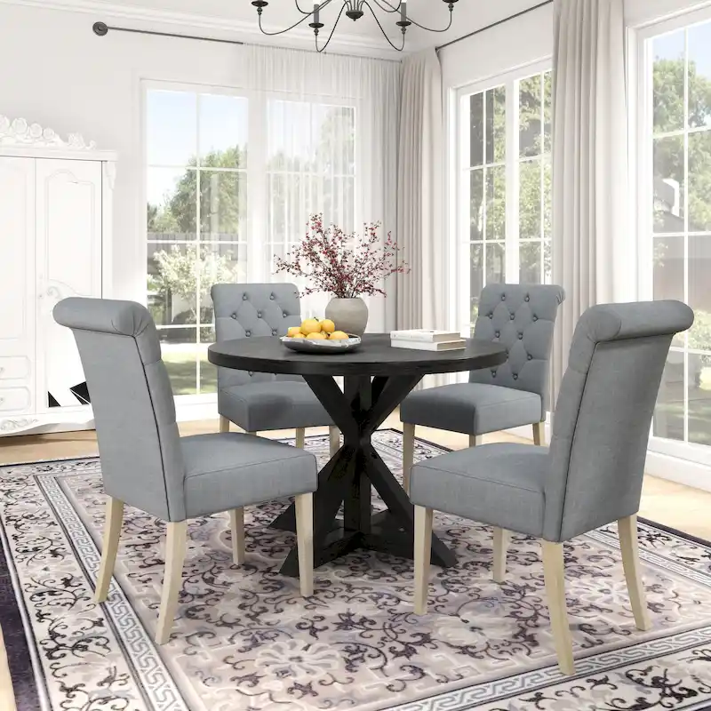 Roundhill Furniture Banff 5-Piece Round Dining Set, Cross-Buck Round Table with 4 Tufted Chairs
