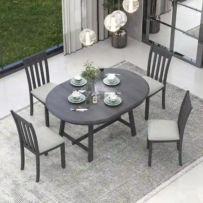 Wood Dining Table with Round Extendable Table with 4 Chairs