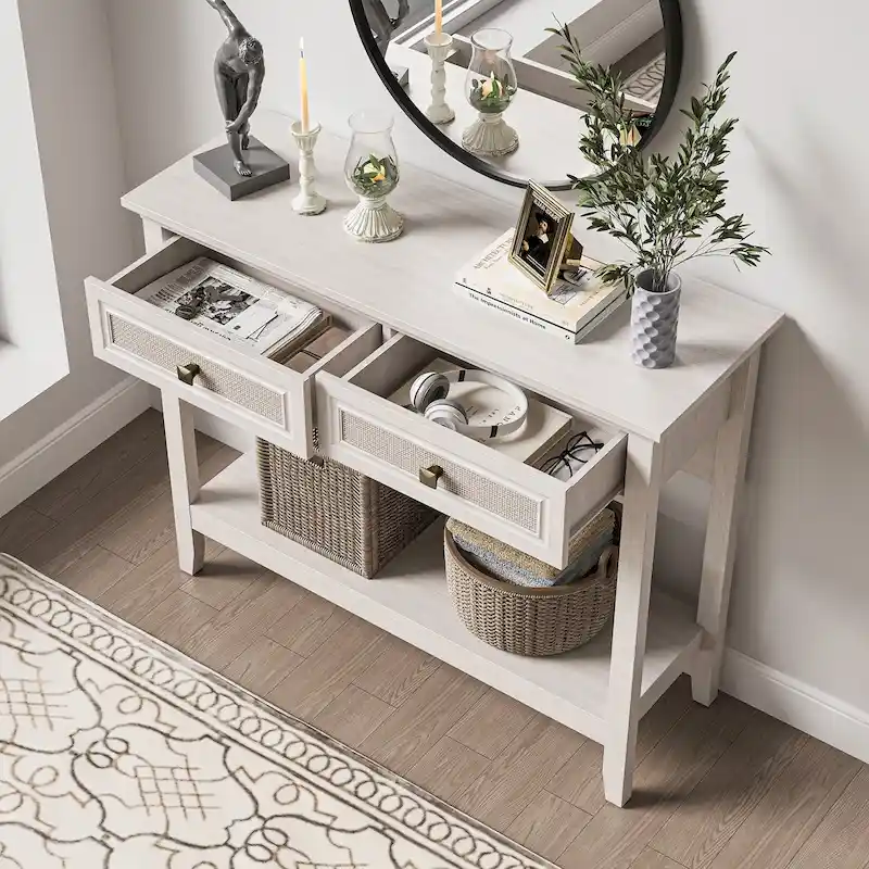 Boho Natural Rattan Console Table With Widened Tabletop & 2 Drawers